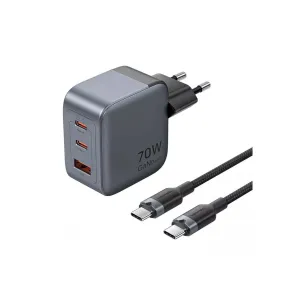 Зарядний пристрій Vention 2xUSB-C PD70W + 1xUSB QC3.0 22.5W GaN + cable USB-C to USB-C 1.0m black gray (TZ-FEXH0-EU)