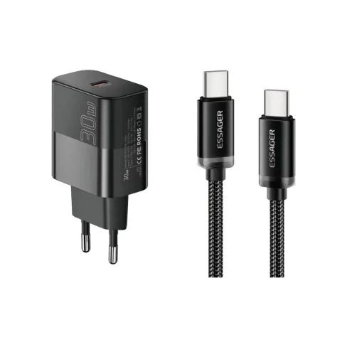 Зарядний пристрій Essager USB-C PD30W + cable USB-C to USB-C 60W black (E30JSB1-SYTT1-T)