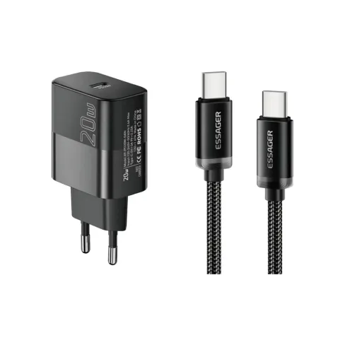 Зарядний пристрій Essager USB-C PD20W + cable USB-C to USB-C 60W black (E20JSB1-SYTT1-T)