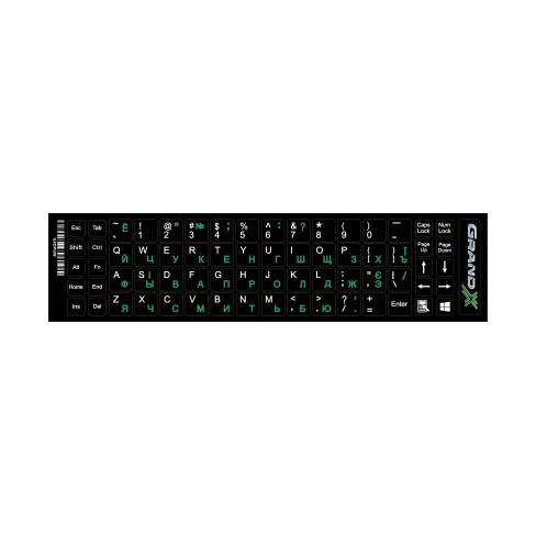 Наклейка на клавиатуру Grand-X 68 keys Cyrillic green, Latin white