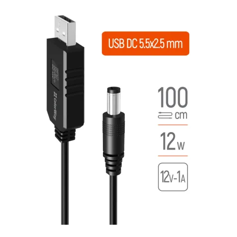 Кабель питания USB to DC 5.5x2.5mm 12V 1.0m black ColorWay (CW-CBUD067-BK)