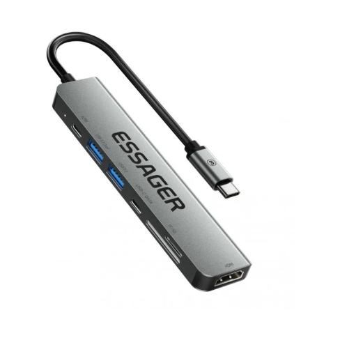 Концентратор Essager USB-C 7-in-1 HDMI + USB 3.2 + USB-C + SD/TF gray (EHB07-QH0G-Z)