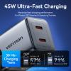 Зарядний пристрій Vention 2xUSB-C PD45W GaN transparent gray (FCFH0-EU)